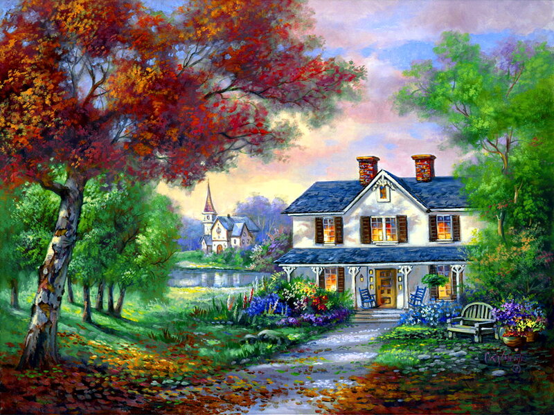 House with Autumn Trees — Red