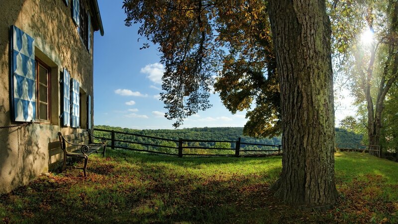 House with Blue Shutters — Green, Serene, Autumn