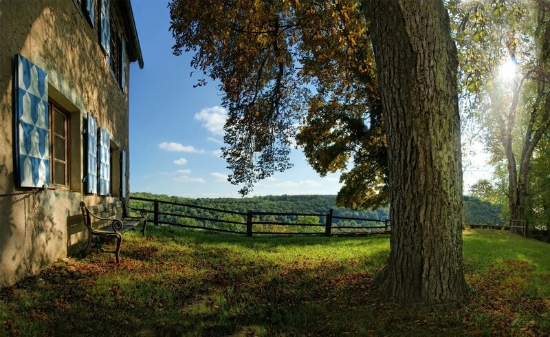 House with Blue Shutters — Green, Serene