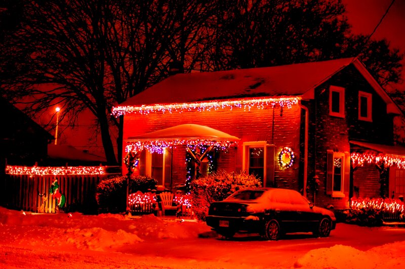House with Christmas Lights — Red, Festive, Night, Photograph, Car