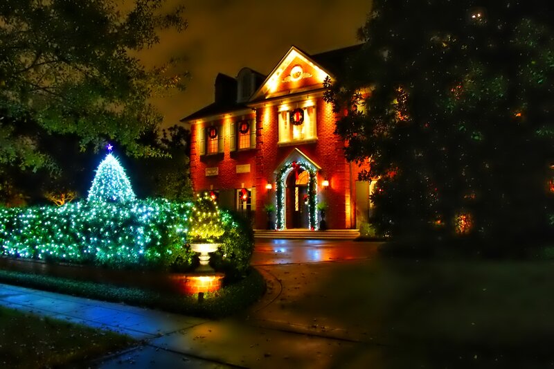 House with Christmas Lights — Red, Festive, Night, Photograph, Christmas Tree