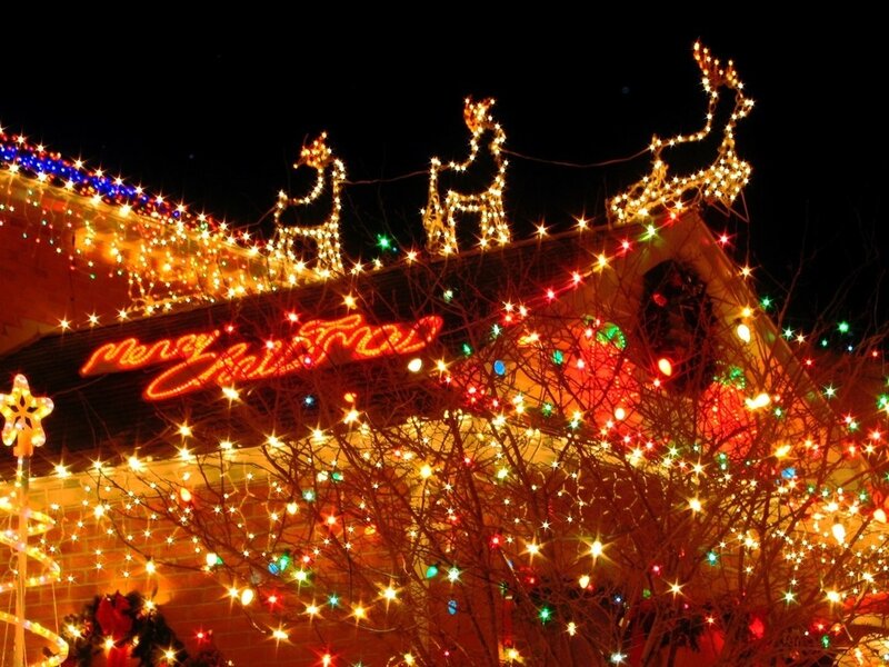 House with Christmas Lights — Red, Festive, Night, Photograph, Reindeer Figures