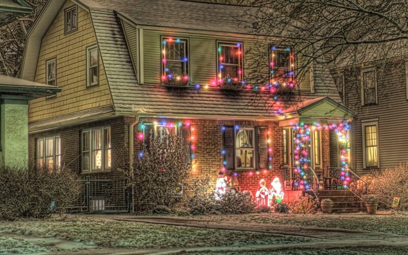 House with Christmas Lights — Red, Festive, Night, Photograph, Snowman