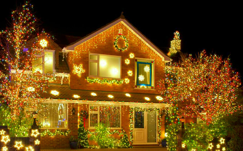 House with Christmas Lights — Red, Festive, Night, Photograph, Trees, Wreath