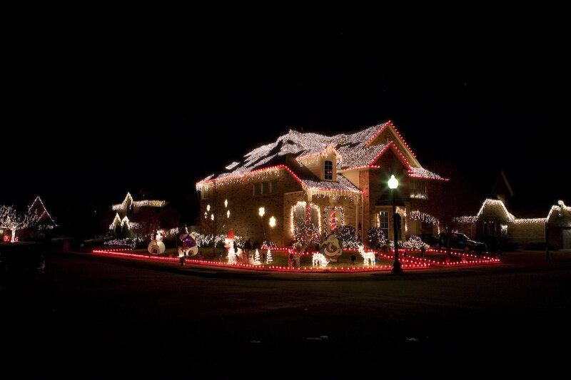 House with Christmas Lights — Red, Festive, Night