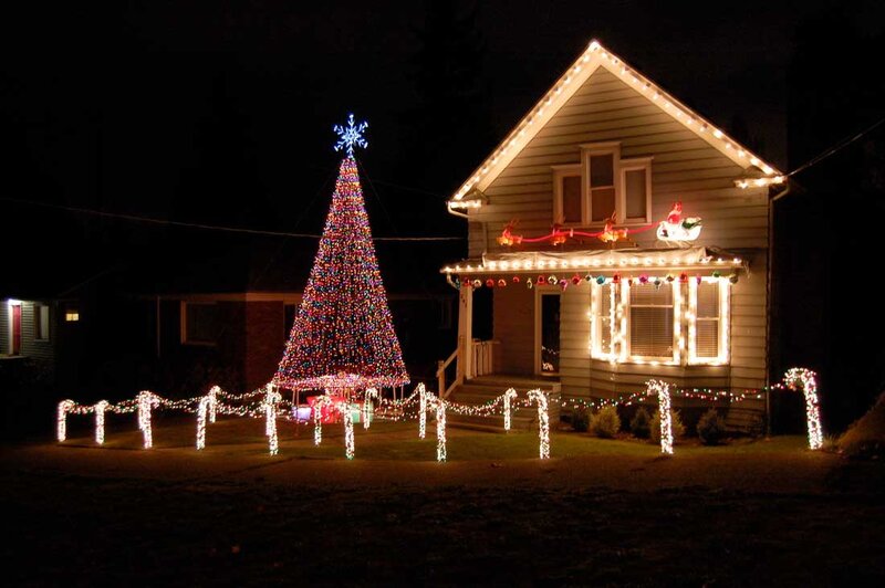 House with Christmas Lights — White, Festive, Night, Photograph, Christmas Tree