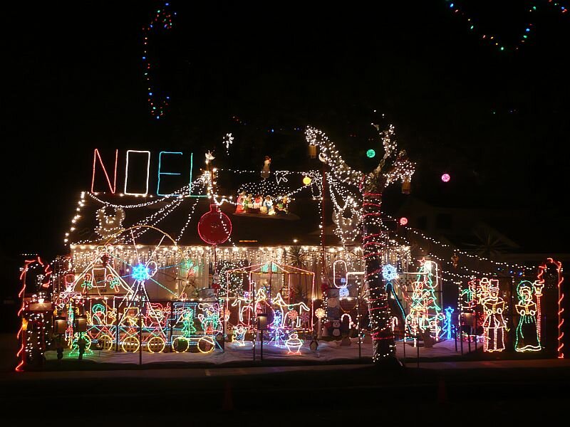 House with Christmas Lights — White, Festive, Night, Photograph, Figures