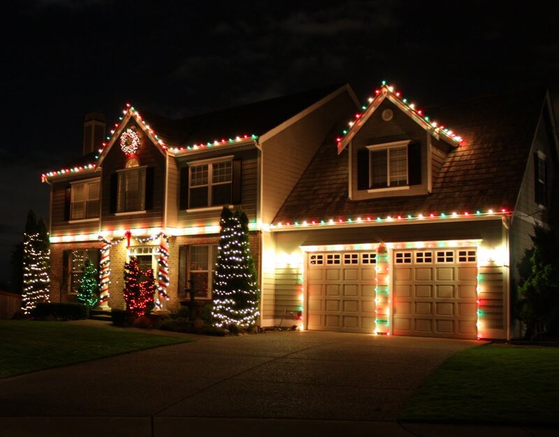 House with Christmas Lights — White, Festive, Night, Photograph, Garage