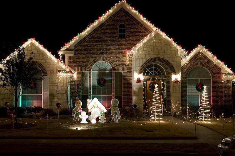 House with Christmas Lights — White, Festive, Night, Photograph, Gingerbread Figures