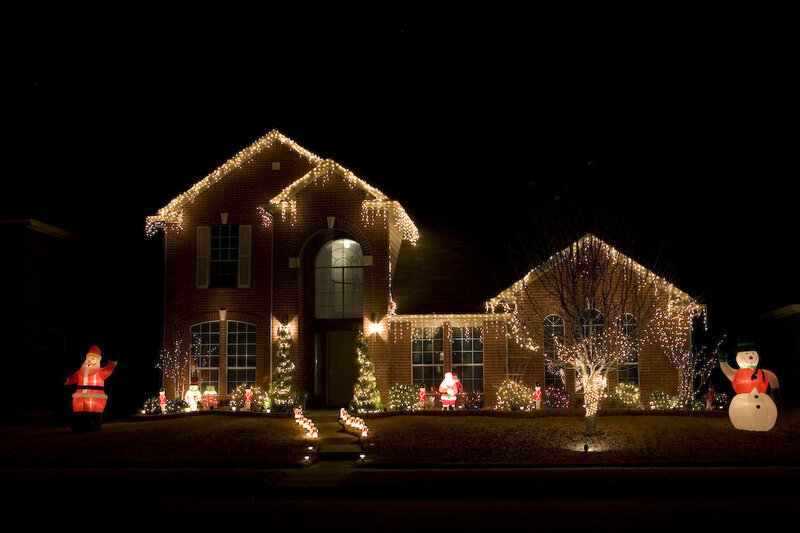 House with Christmas Lights — White, Festive, Night, Photograph, Santa Claus Figure