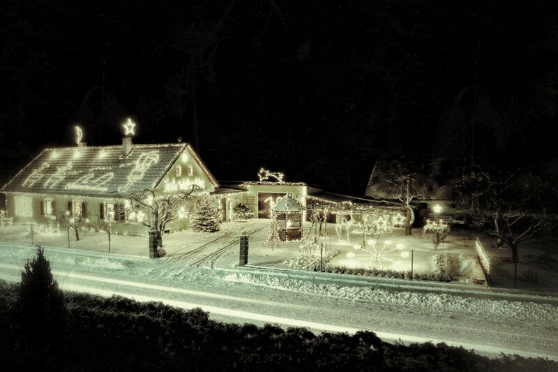 House with Christmas Lights — White, Festive, Night, Photograph, Snow