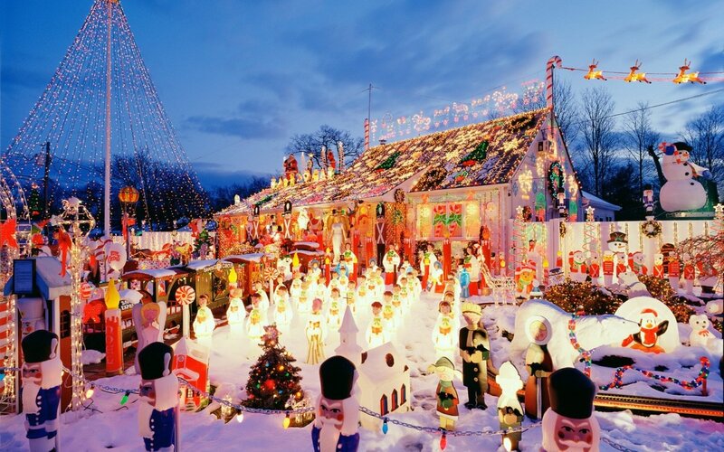 House with Christmas Lights — White, Festive, Night, Photograph, Snowman