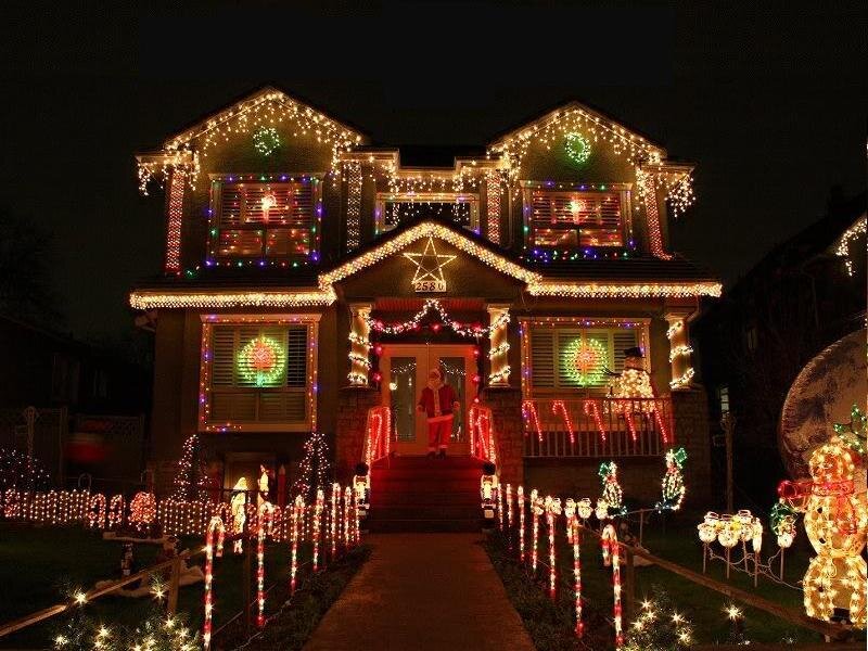House with Christmas Lights — White, Festive, Night, Photograph