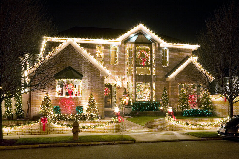 House with Christmas Lights — White, Festive, Night, Photograph, Wreath