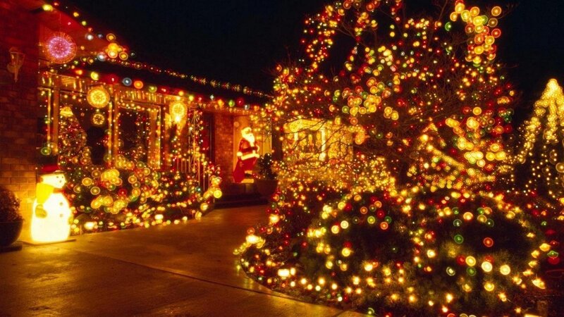 House with Christmas Lights — Yellow, Festive, Night, Photograph, Snowman, Santa Claus