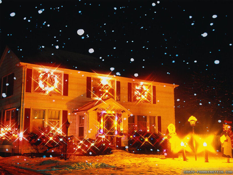 House with Christmas Lights — Yellow, Festive, Night, Photograph