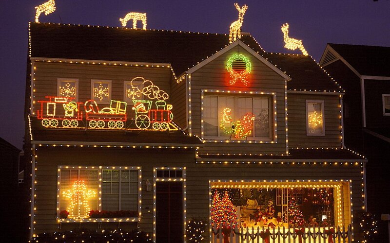House with Christmas Lights — Yellow, Festive, Night