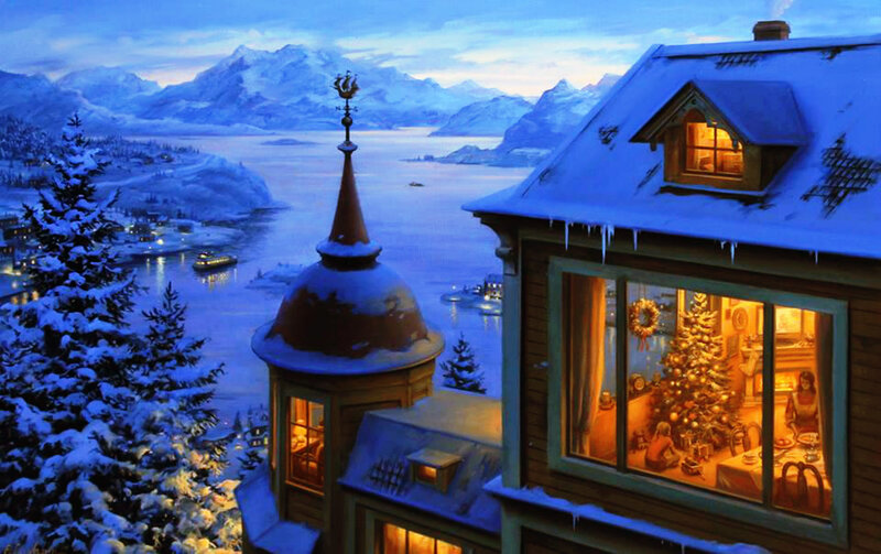 House with Christmas Tree — Blue
