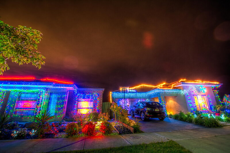 House with Holiday Lights — Blue, Festive, Night, Photograph, Car