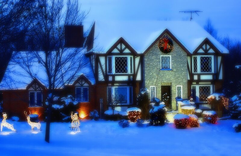 House with Holiday Lights — Blue, Festive, Night