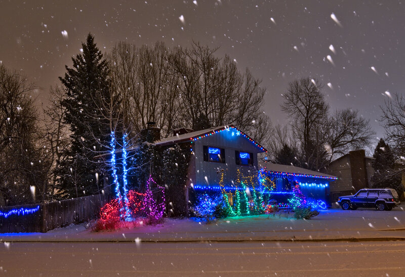 House with Holiday Lights — Blue
