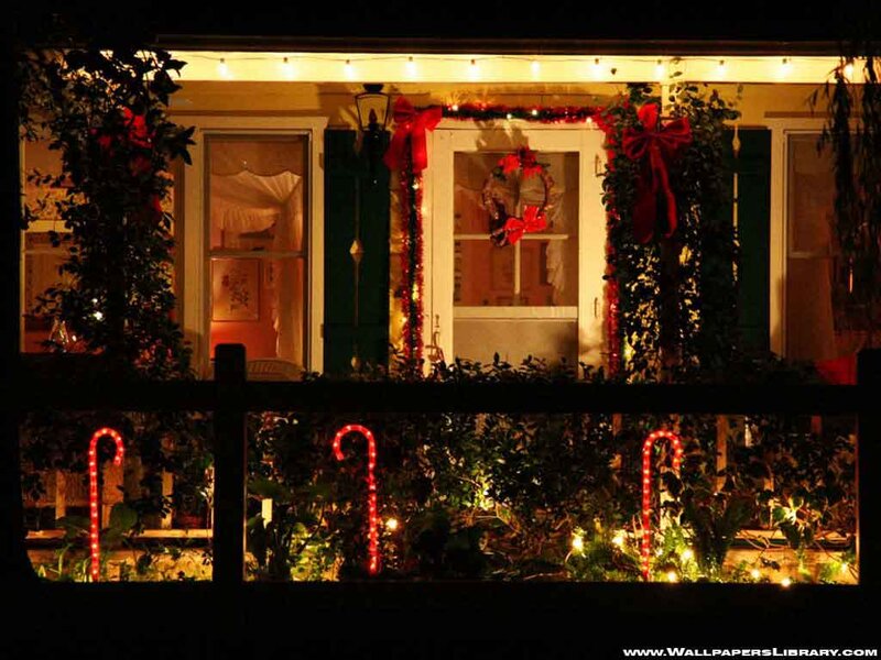 House with Holiday Lights — Red, Festive, Night, Photograph, Candy Canes
