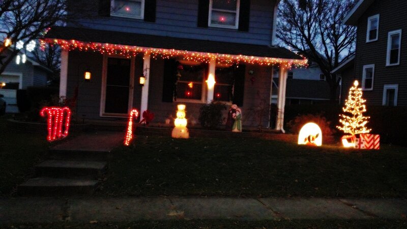 House with Holiday Lights — Red, Festive, Night, Photograph, Snowman
