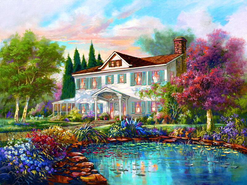 House with Pond and Flowers