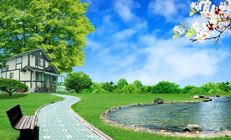 House with Pond and Path
