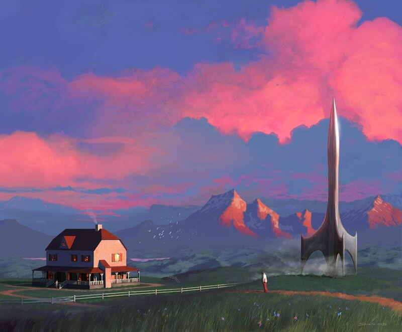 House with rocket at sunset