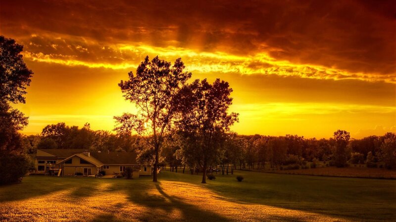 House with Trees at Sunset — Orange, Dramatic