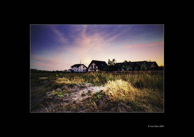 Houses at dusk in a field