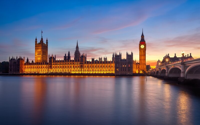 Houses of Parliament — Blue, Serene, Sunset, Photograph, Big Ben, River Thames, Westminster Bridge, Orange