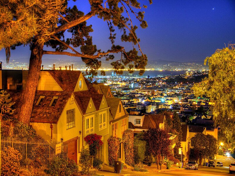 Houses on a Hillside — Yellow, Serene, Night
