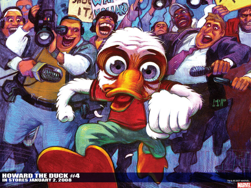 Howard the Duck surrounded by reporters