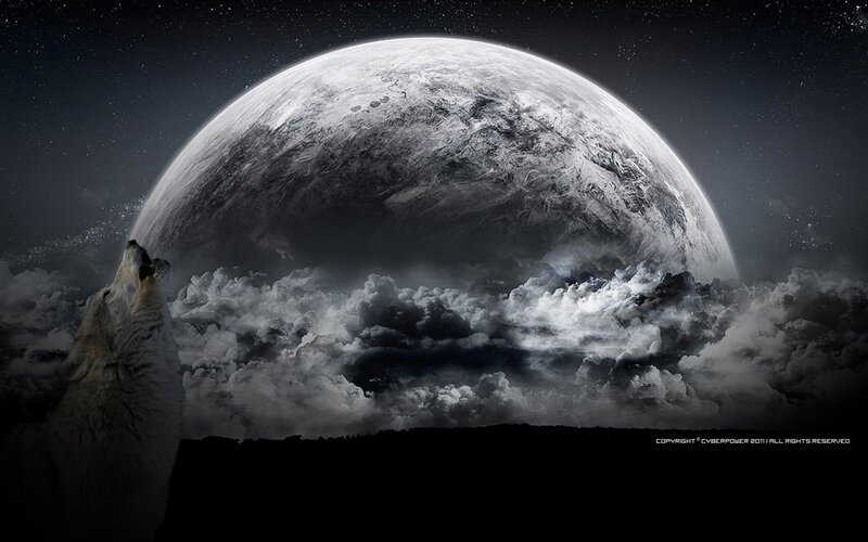 Howling Wolf — Black, Dramatic, Night, Digital Art, Planet