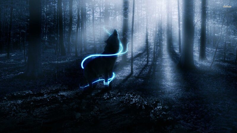 Howling Wolf in Forest — Blue, Mystical, Night, Digital Art