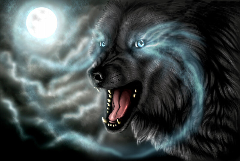 Howling Wolf under Moon — Black, Dramatic, Night, Digital Art, Clouds
