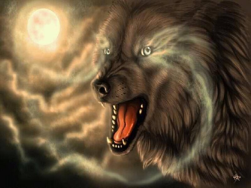 Howling Wolf under Moon — Brown
