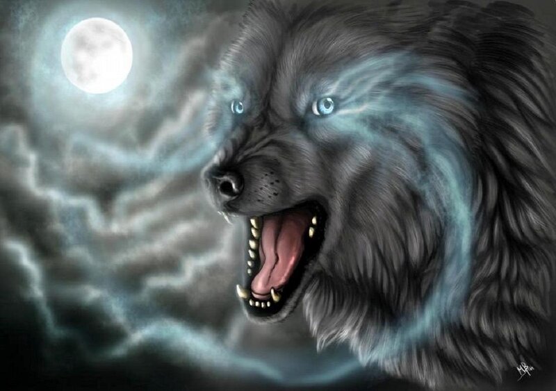 Howling Wolf under Moon — Gray, Dramatic, Night, Digital Art, Clouds, Fog
