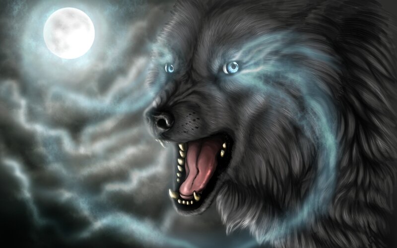 Howling Wolf under Moon — Gray, Dramatic, Night, Digital Art, Clouds