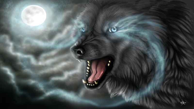 Howling Wolf under Moon — Gray, Dramatic, Night, Digital Art