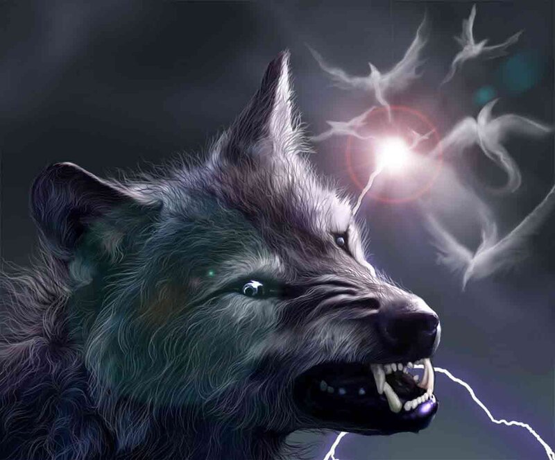 Howling Wolf with Lightning — Gray, Dramatic