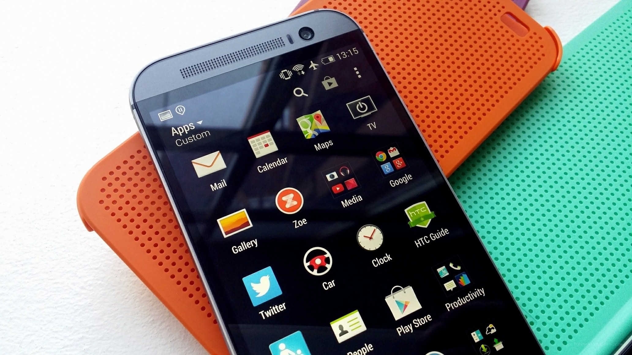HTC smartphone on colorful case
