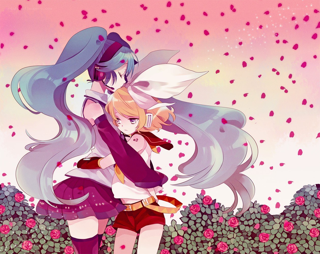 Hugging anime characters in a rose garden