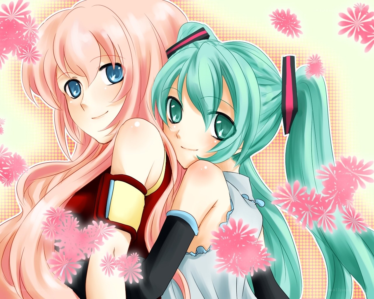 Hugging anime girls with flowers
