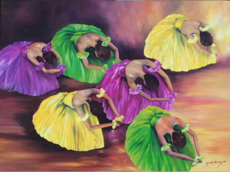 Hula dancers in colorful skirts
