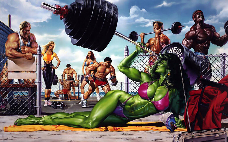 Hulk and bodybuilders at the gym
