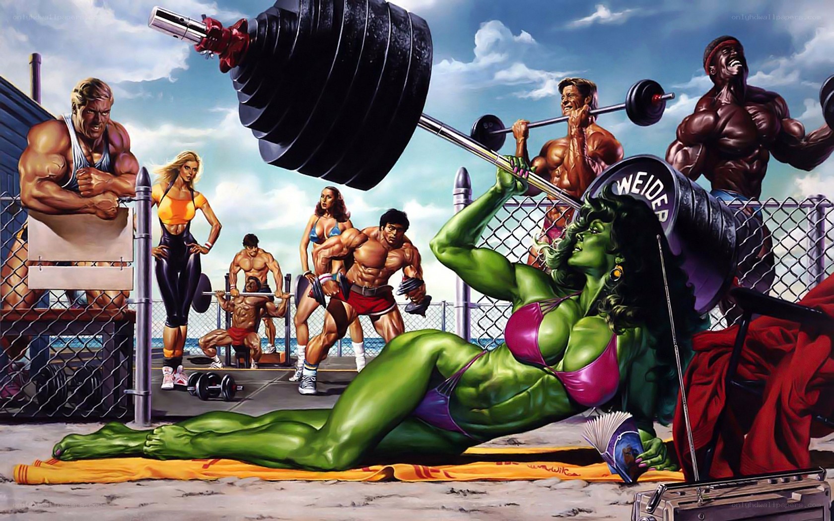 Hulk and bodybuilders at the gym