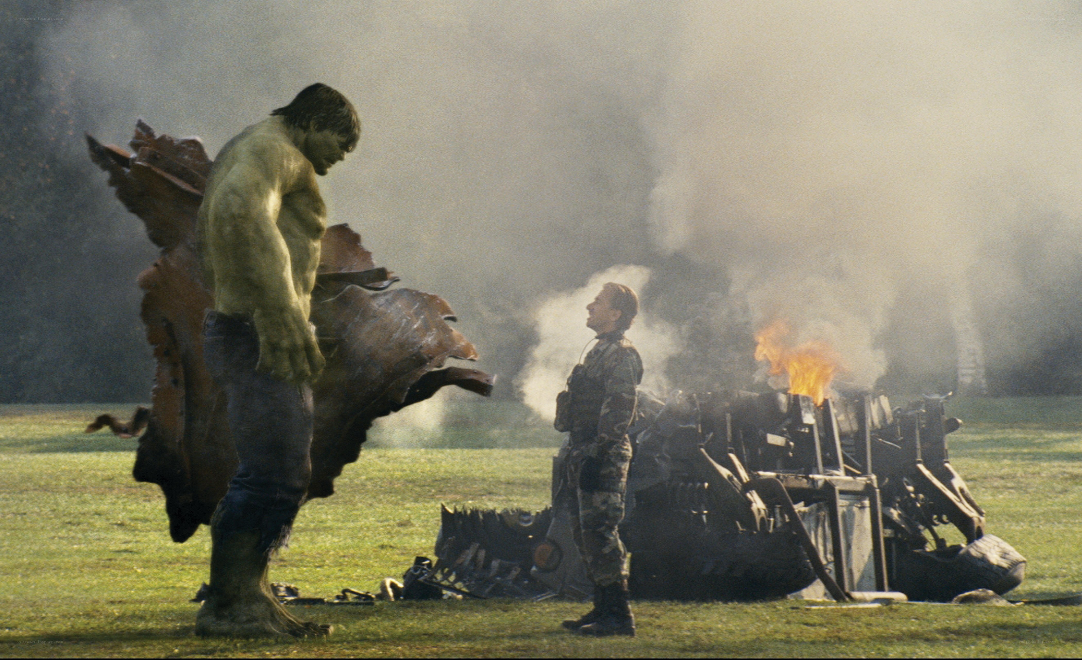 Hulk and soldier in field